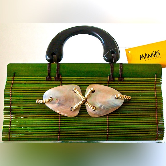MANGOS PURSE HANDBAG WICKER GREEN MOTHER OF PEARL NEW HANDCRAFTED Y2K VINTAGE - Picture 5 of 11